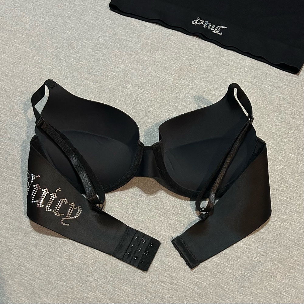 Juicy Couture Rhinestone Logo Bra & Boyshort Set Black Y2K 34C M - Picture 3 of 8